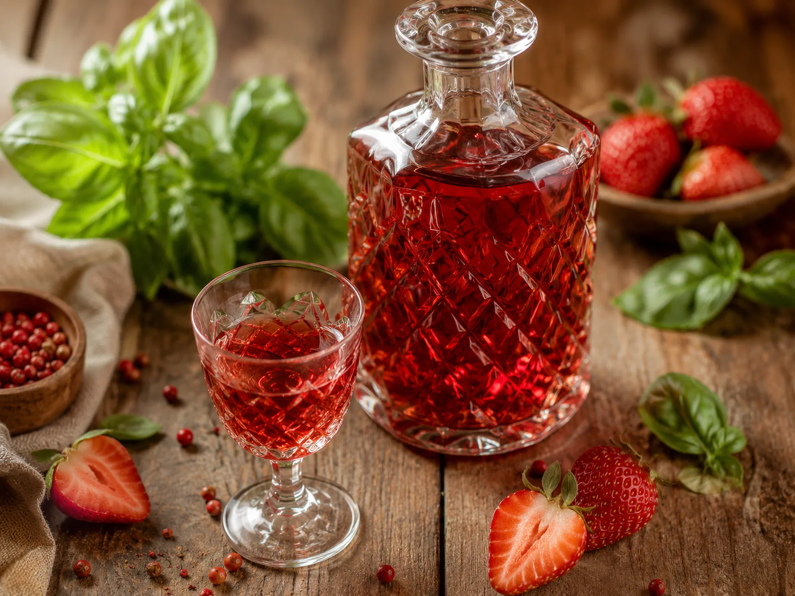 Liqueur de fraise, basilic et poivre rose
