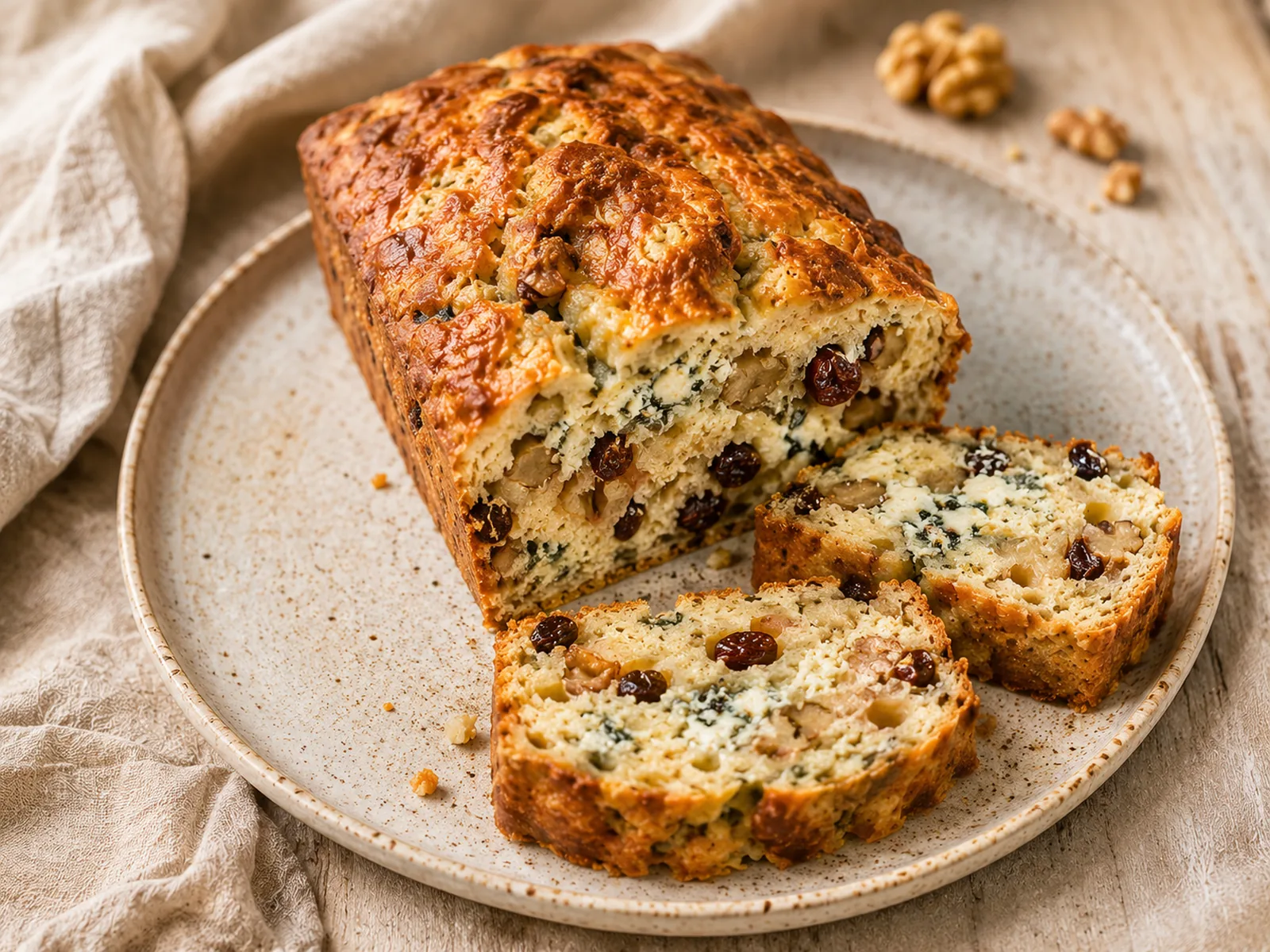 Cake aux noix, raisins et roquefort