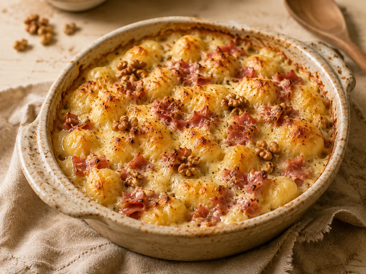 Gnocchis au jambon, crème et noix