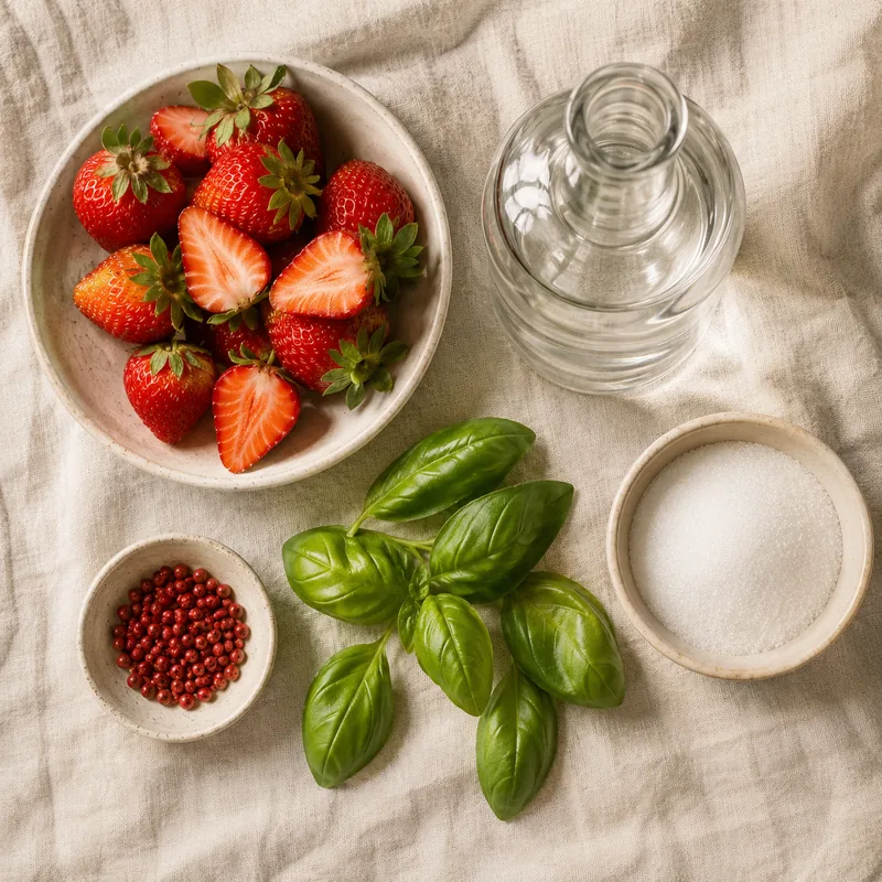 Ingrédients pour Liqueur de fraise, basilic et poivre rose