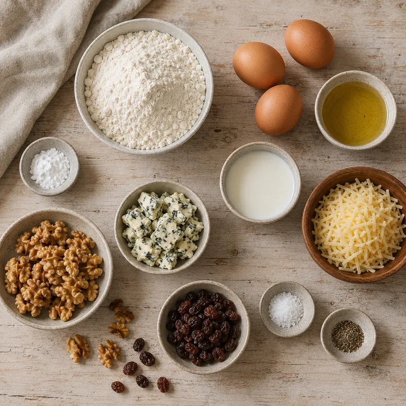 Ingrédients pour Cake aux noix, raisins et roquefort